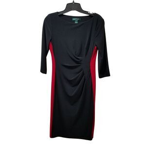 Lauren Ralph Lauren Dress Women's 4 Petite Black Red Stretch 3/4 Sleeve Ruched